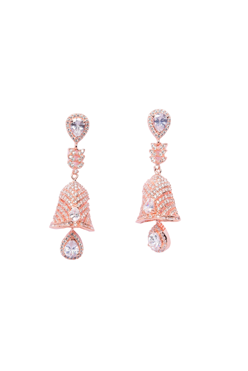 Namokriti Stunning Bell Shaped crafted Rhodium plated Modern Jhumka earring ,Geometric Leaf Pattern adorned with sparkling American Diamond Ruby  white stones studded for Womens and Girls